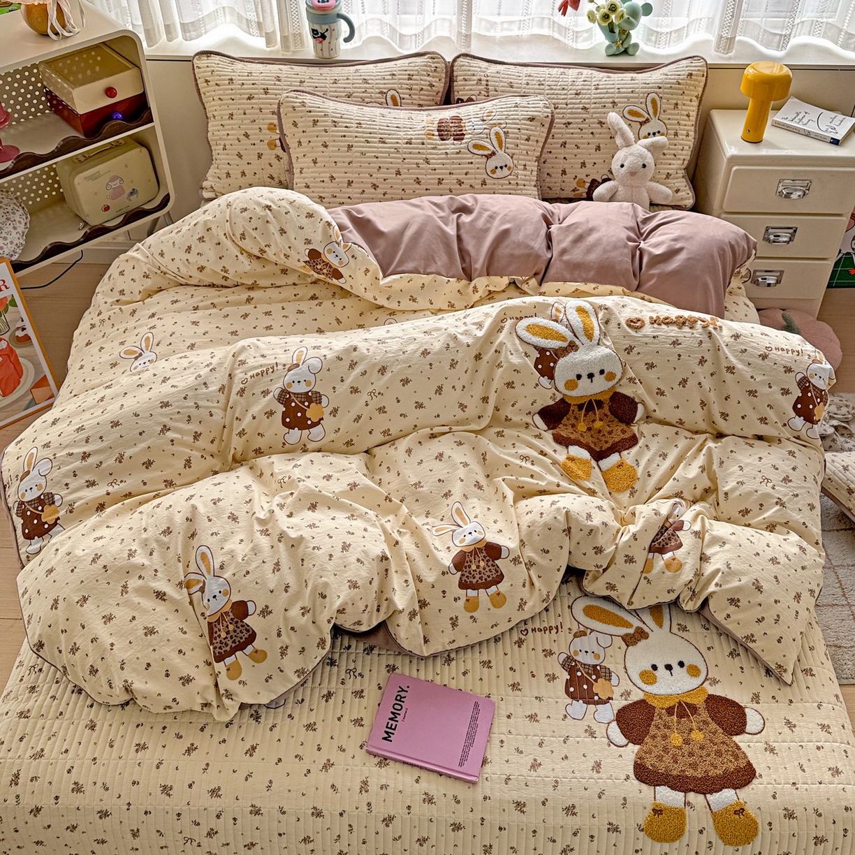 富米莱（原臻工厂） 2026新款古法仿棉毛巾绣夹棉床盖床垫床褥床笠一四季款系列 嗨嗨兔