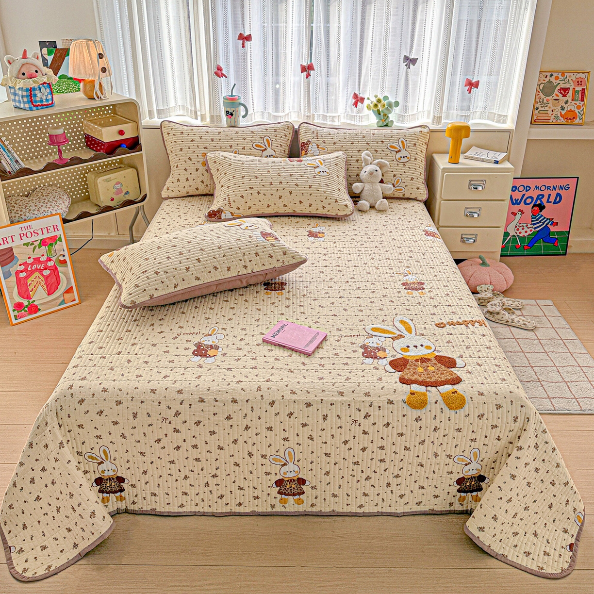 91家纺网 家纺一手货源 找家纺 富米莱（原臻工厂） 2026新款古法仿棉毛巾绣夹棉床盖床垫床褥床笠一四季款系列 嗨嗨兔