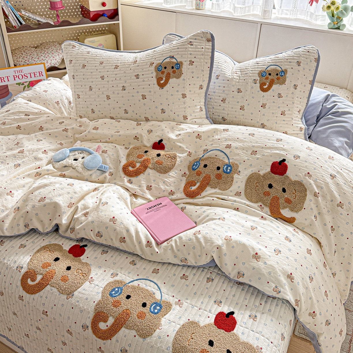 91家纺网 家纺一手货源 找家纺 富米莱（原臻工厂） 2026新款古法仿棉毛巾绣夹棉床盖床垫床褥床笠一四季款系列 可爱小象