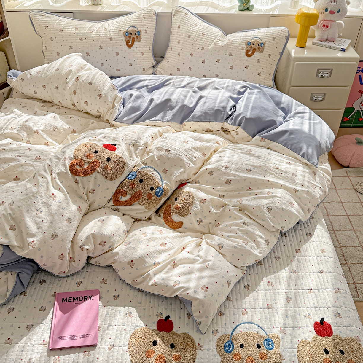 91家纺网 家纺一手货源 找家纺 富米莱（原臻工厂） 2026新款古法仿棉毛巾绣夹棉床盖床垫床褥床笠一四季款系列 可爱小象