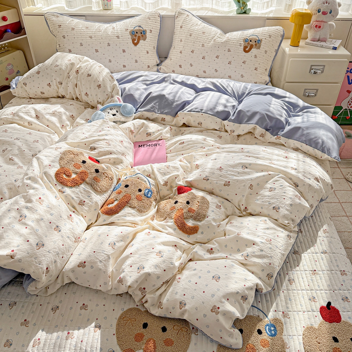 91家纺网 家纺一手货源 找家纺 富米莱（原臻工厂） 2026新款古法仿棉毛巾绣夹棉床盖床垫床褥床笠一四季款系列 可爱小象