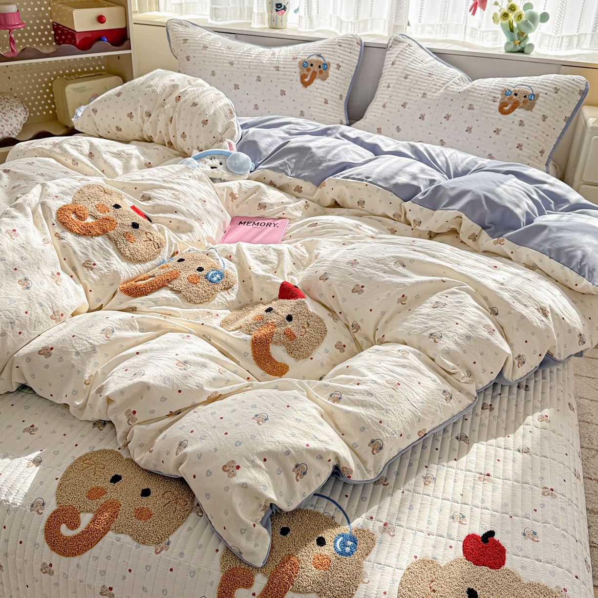 91家纺网 家纺一手货源 找家纺 富米莱（原臻工厂） 2026新款古法仿棉毛巾绣夹棉床盖床垫床褥床笠一四季款系列 可爱小象