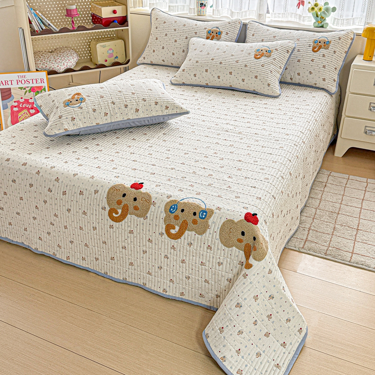 91家纺网 家纺一手货源 找家纺 富米莱（原臻工厂） 2026新款古法仿棉毛巾绣夹棉床盖床垫床褥床笠一四季款系列 可爱小象