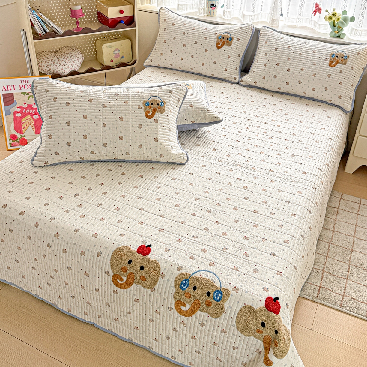 91家纺网 家纺一手货源 找家纺 富米莱（原臻工厂） 2026新款古法仿棉毛巾绣夹棉床盖床垫床褥床笠一四季款系列 可爱小象