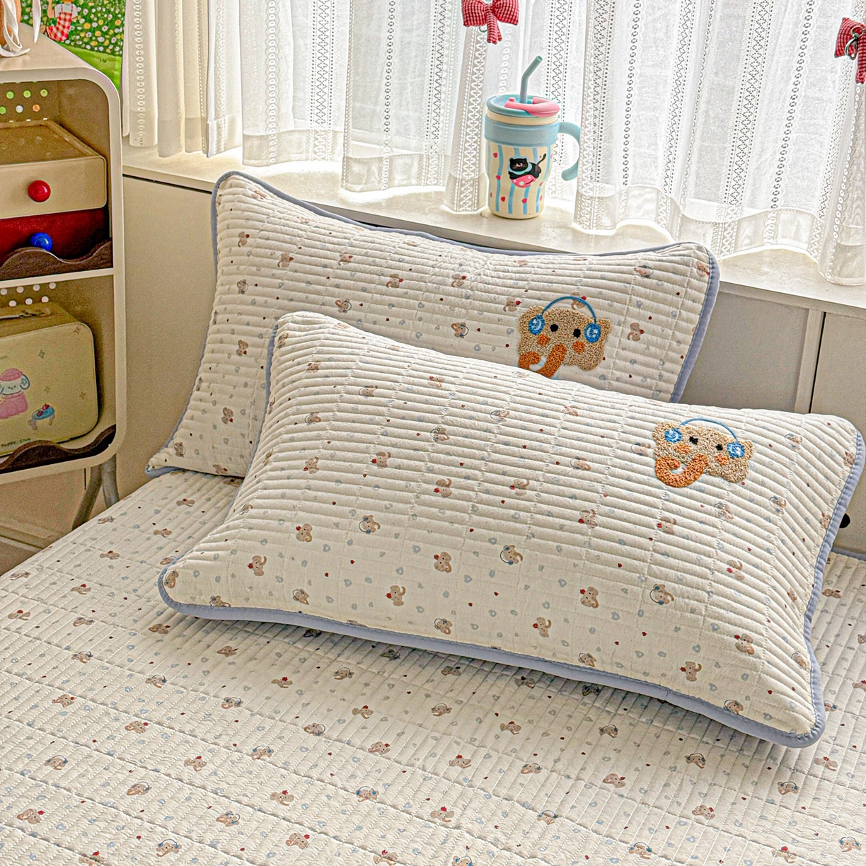 91家纺网 家纺一手货源 找家纺 富米莱（原臻工厂） 2026新款古法仿棉毛巾绣夹棉床盖床垫床褥床笠一四季款系列 可爱小象