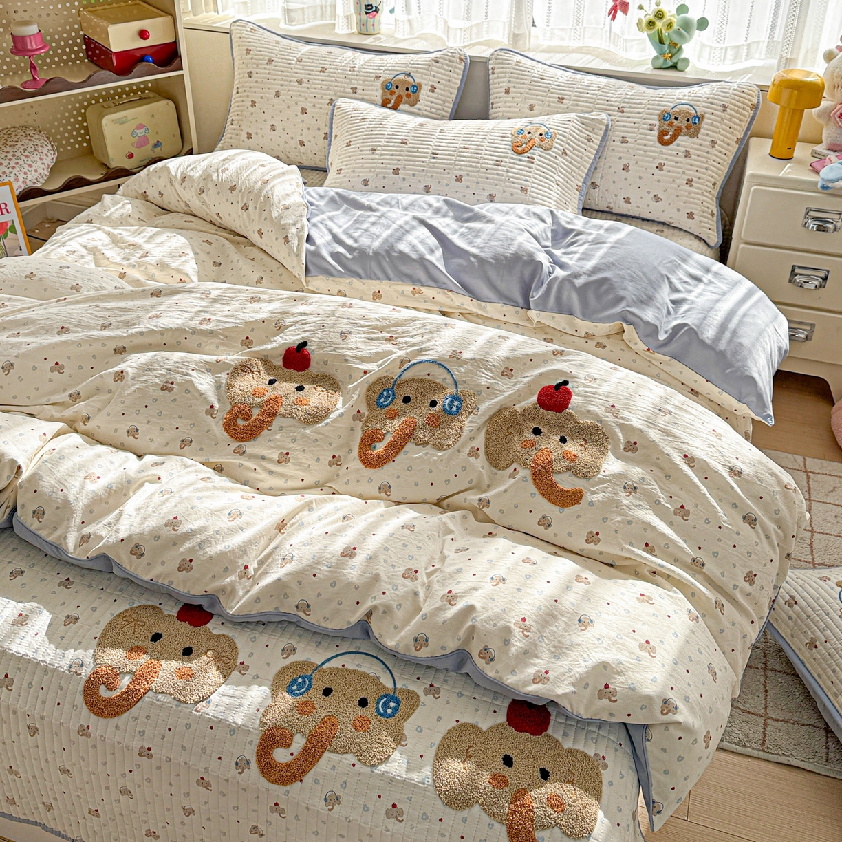 91家纺网 家纺一手货源 找家纺 富米莱（原臻工厂） 2026新款古法仿棉毛巾绣夹棉床盖床垫床褥床笠一四季款系列 可爱小象