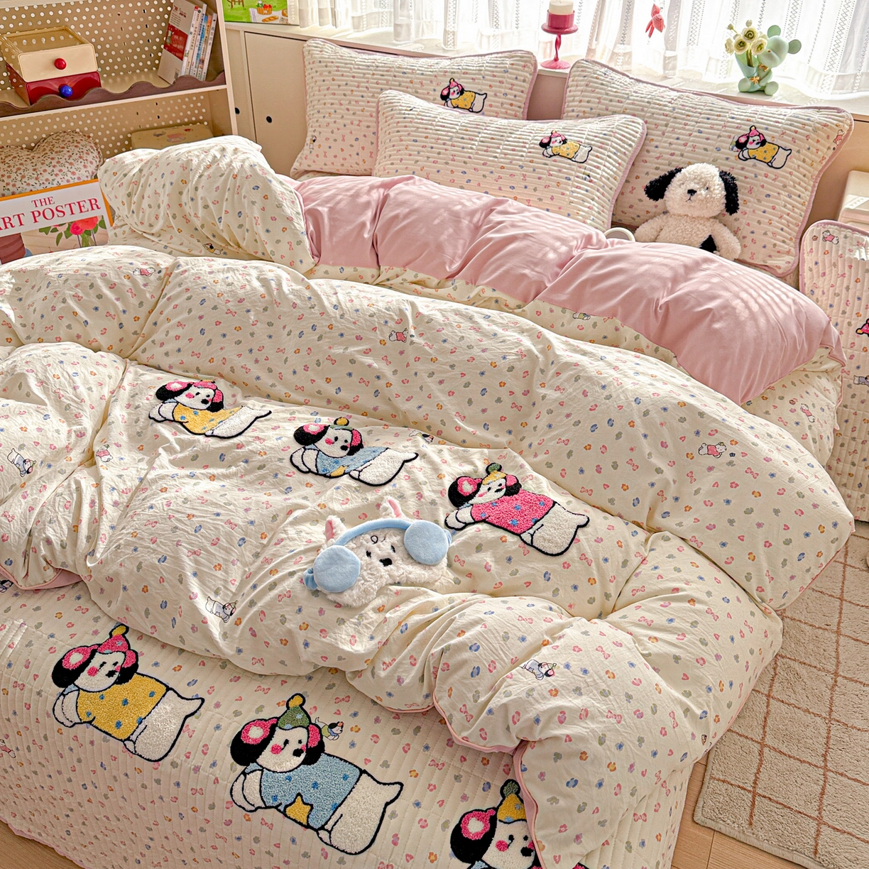 91家纺网 家纺一手货源 找家纺 富米莱（原臻工厂） 2026新款古法仿棉毛巾绣夹棉床盖床垫床褥床笠一四季款系列 奶味狗狗