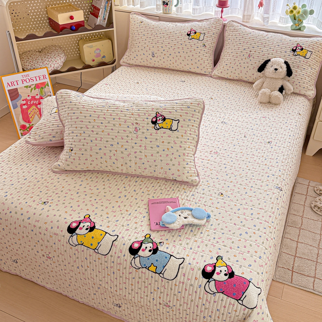 91家纺网 家纺一手货源 找家纺 富米莱（原臻工厂） 2026新款古法仿棉毛巾绣夹棉床盖床垫床褥床笠一四季款系列 奶味狗狗