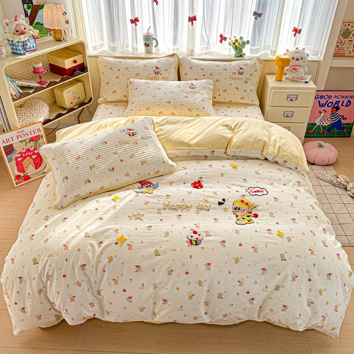 91家纺网 家纺一手货源 找家纺 富米莱（原臻工厂） 2026新款古法仿棉毛巾绣夹棉床盖床垫床褥床笠一四季款系列 星星伙伴