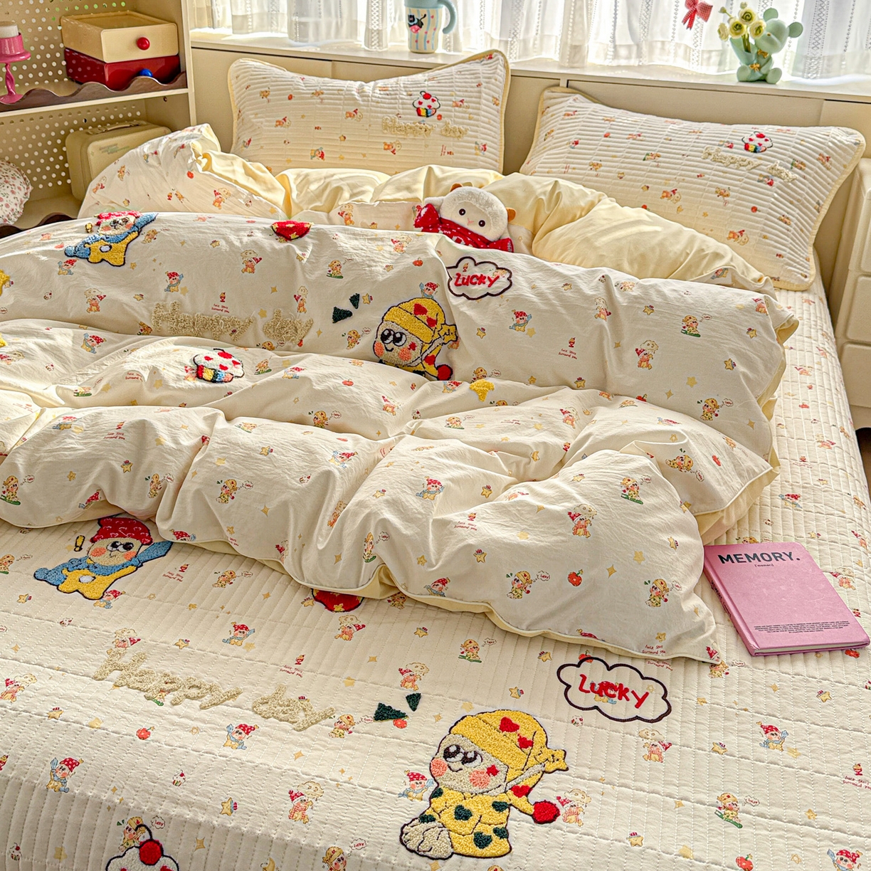 91家纺网 家纺一手货源 找家纺 富米莱（原臻工厂） 2026新款古法仿棉毛巾绣夹棉床盖床垫床褥床笠一四季款系列 星星伙伴