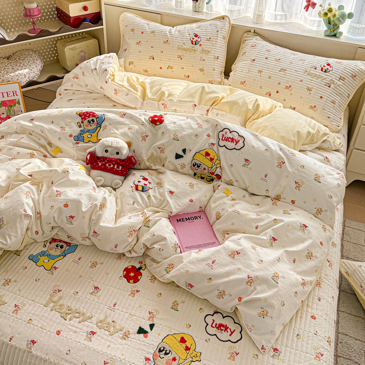 91家纺网 家纺一手货源 找家纺 富米莱（原臻工厂） 2026新款古法仿棉毛巾绣夹棉床盖床垫床褥床笠一四季款系列 星星伙伴