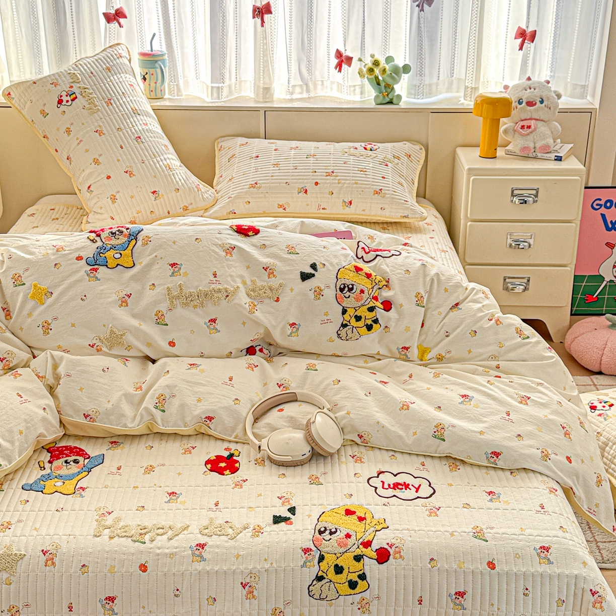 91家纺网 家纺一手货源 找家纺 富米莱（原臻工厂） 2026新款古法仿棉毛巾绣夹棉床盖床垫床褥床笠一四季款系列 星星伙伴