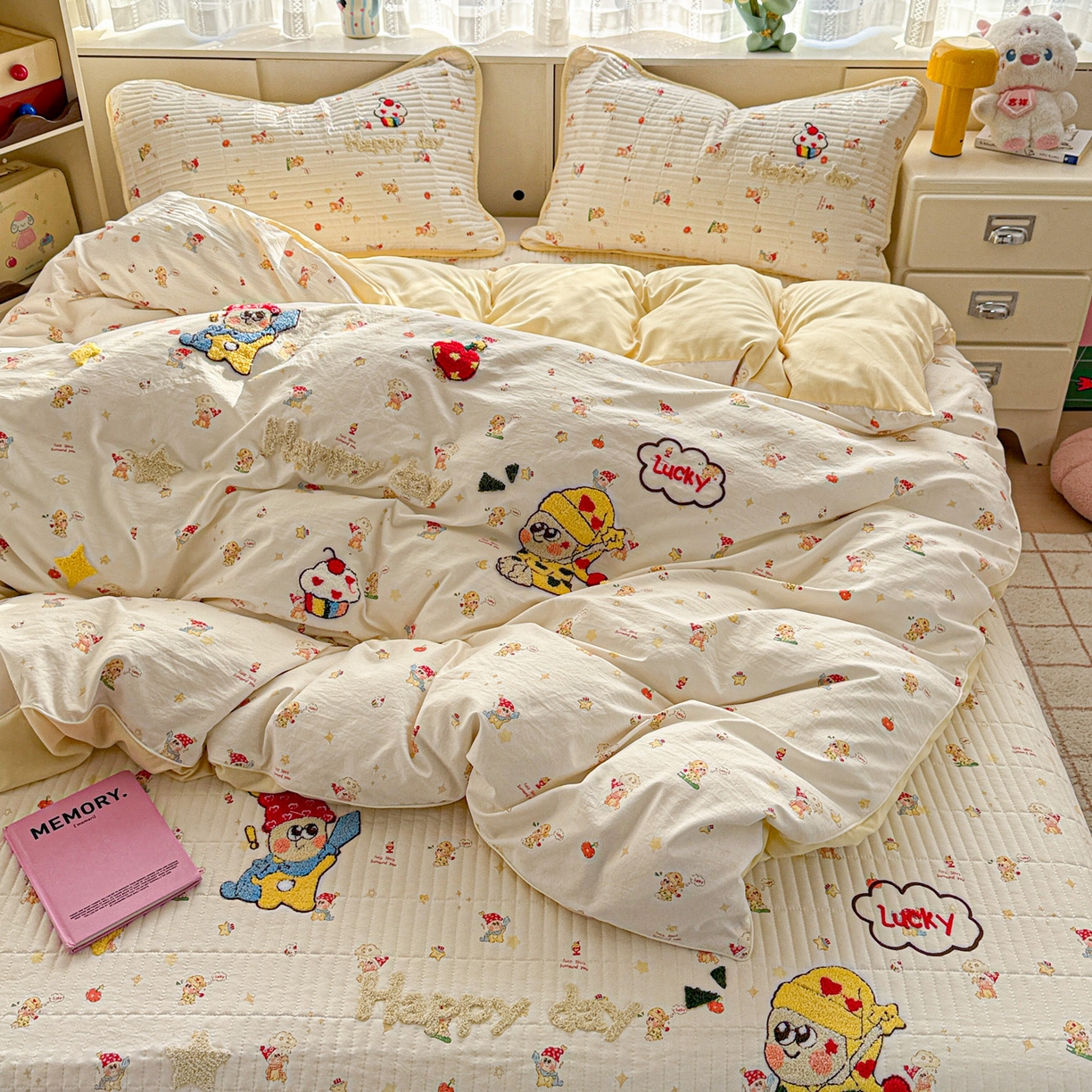 91家纺网 家纺一手货源 找家纺 富米莱（原臻工厂） 2026新款古法仿棉毛巾绣夹棉床盖床垫床褥床笠一四季款系列 星星伙伴