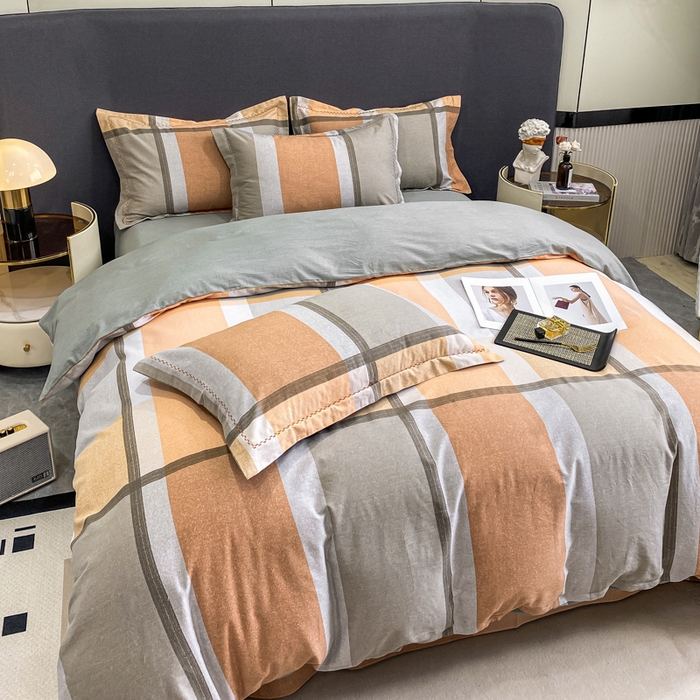 91家纺网 家纺一手货源 找家纺 凌鼎 2025新款100%全棉磨毛四件套数码印花加厚纯棉磨毛四件套 灰色情调桔