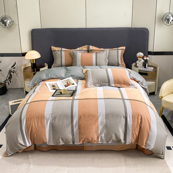 91家纺网 家纺一手货源 找家纺 凌鼎 2025新款100%全棉磨毛四件套数码印花加厚纯棉磨毛四件套 灰色情调桔