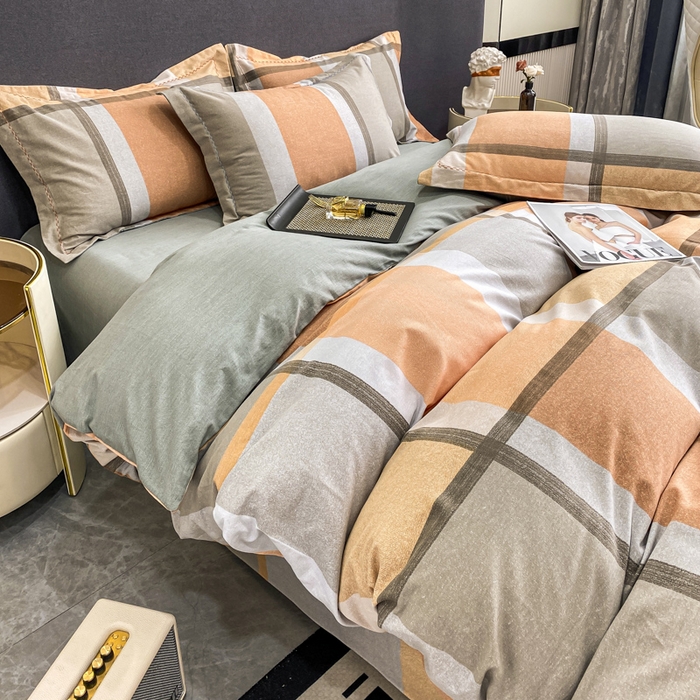 91家纺网 家纺一手货源 找家纺 凌鼎 2025新款100%全棉磨毛四件套数码印花加厚纯棉磨毛四件套 灰色情调桔