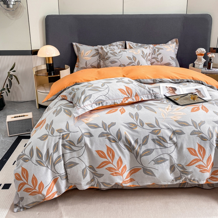 91家纺网 家纺一手货源 找家纺 凌鼎 2025新款100%全棉磨毛四件套数码印花加厚纯棉磨毛四件套 叶叶情深灰