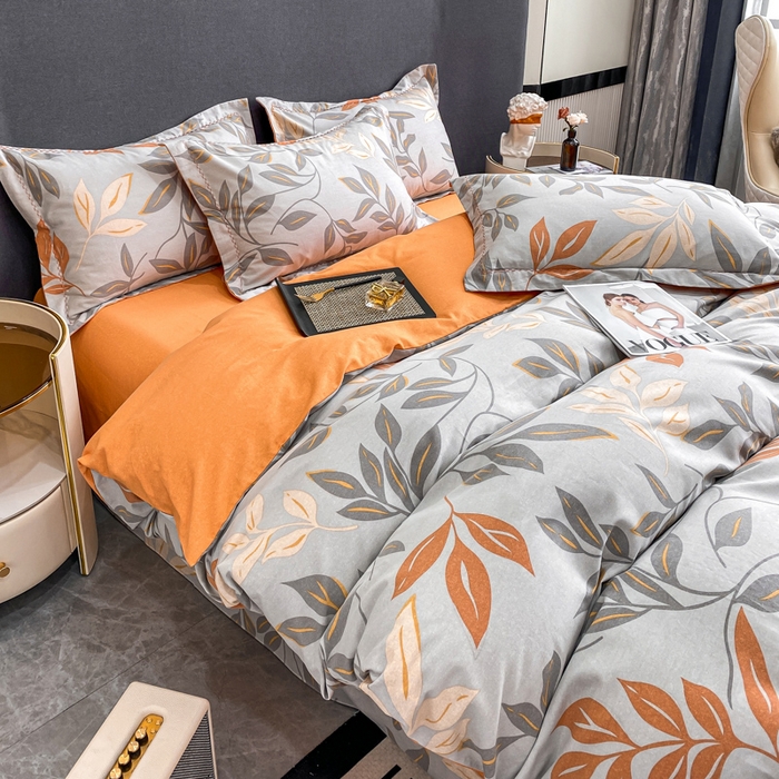 91家纺网 家纺一手货源 找家纺 凌鼎 2025新款100%全棉磨毛四件套数码印花加厚纯棉磨毛四件套 叶叶情深灰