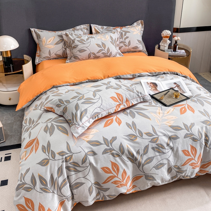 91家纺网 家纺一手货源 找家纺 凌鼎 2025新款100%全棉磨毛四件套数码印花加厚纯棉磨毛四件套 叶叶情深灰