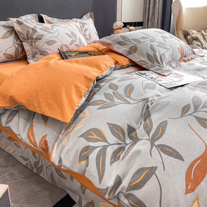 91家纺网 家纺一手货源 找家纺 凌鼎 2025新款100%全棉磨毛四件套数码印花加厚纯棉磨毛四件套 叶叶情深灰