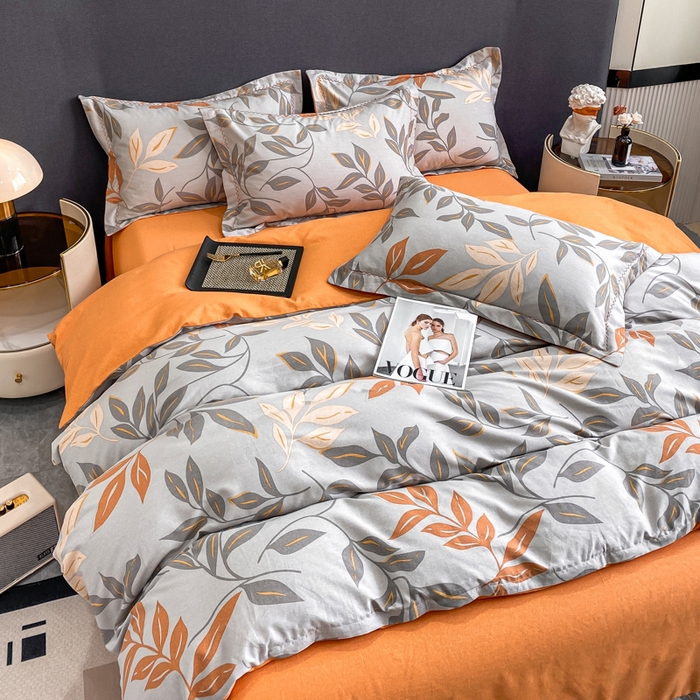 91家纺网 家纺一手货源 找家纺 凌鼎 2025新款100%全棉磨毛四件套数码印花加厚纯棉磨毛四件套 叶叶情深灰