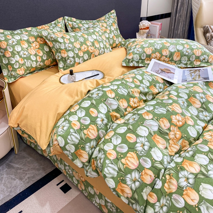 91家纺网 家纺一手货源 找家纺 凌鼎 2025新款100%全棉磨毛四件套数码印花加厚纯棉磨毛四件套 郁金花海