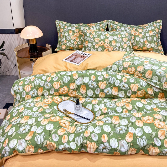 91家纺网 家纺一手货源 找家纺 凌鼎 2025新款100%全棉磨毛四件套数码印花加厚纯棉磨毛四件套 郁金花海