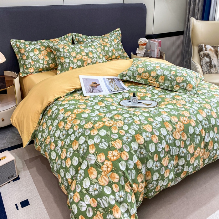 91家纺网 家纺一手货源 找家纺 凌鼎 2025新款100%全棉磨毛四件套数码印花加厚纯棉磨毛四件套 郁金花海