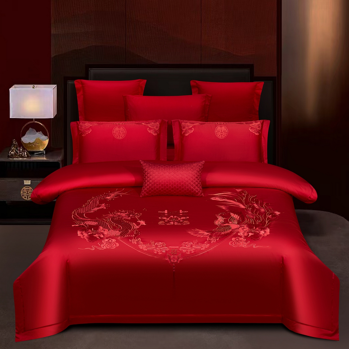 91家纺网 家纺一手货源 找家纺 浩情国际婚庆供货中心 2026新款100%全棉长绒棉纯棉婚庆四件套结婚刺绣六件套多件套长期供货 （提供买家秀） 龙凤之恋-红