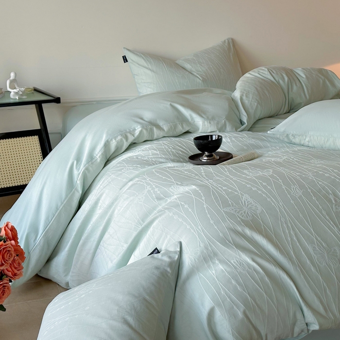 91家纺网 家纺一手货源 找家纺 卧趣家纺 2026新款A类60S贡缎提花全棉四件套 蝶梦-绿