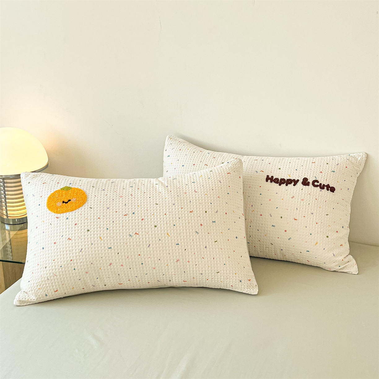 91家纺网 家纺一手货源 找家纺 笙意家纺 2026新款全棉A版华夫格B版40支毛巾绣四件套 波点柿子