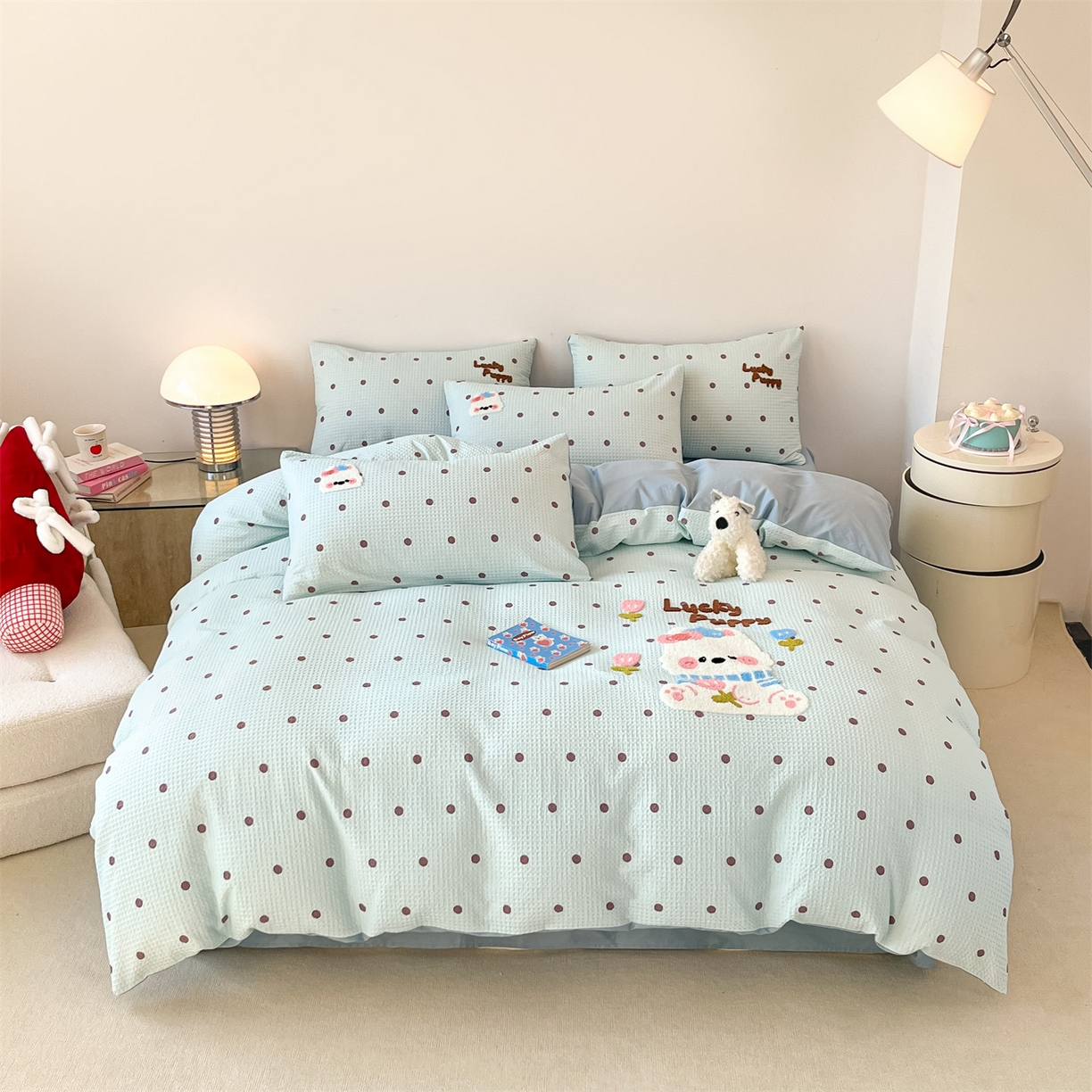 91家纺网 家纺一手货源 找家纺 笙意家纺 2026新款全棉A版华夫格B版40支毛巾绣四件套 欢乐狗