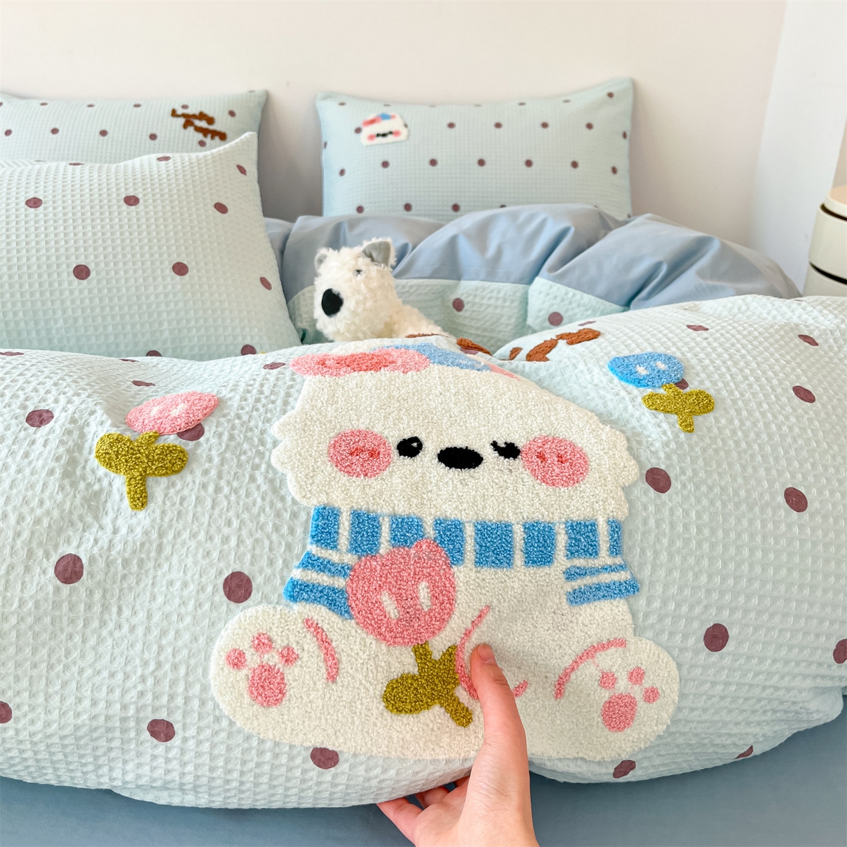 91家纺网 家纺一手货源 找家纺 笙意家纺 2026新款全棉A版华夫格B版40支毛巾绣四件套 欢乐狗