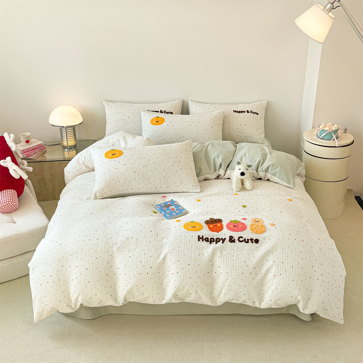 91家纺网 家纺一手货源 找家纺 笙意家纺 2026新款全棉A版华夫格B版40支毛巾绣四件套 波点柿子