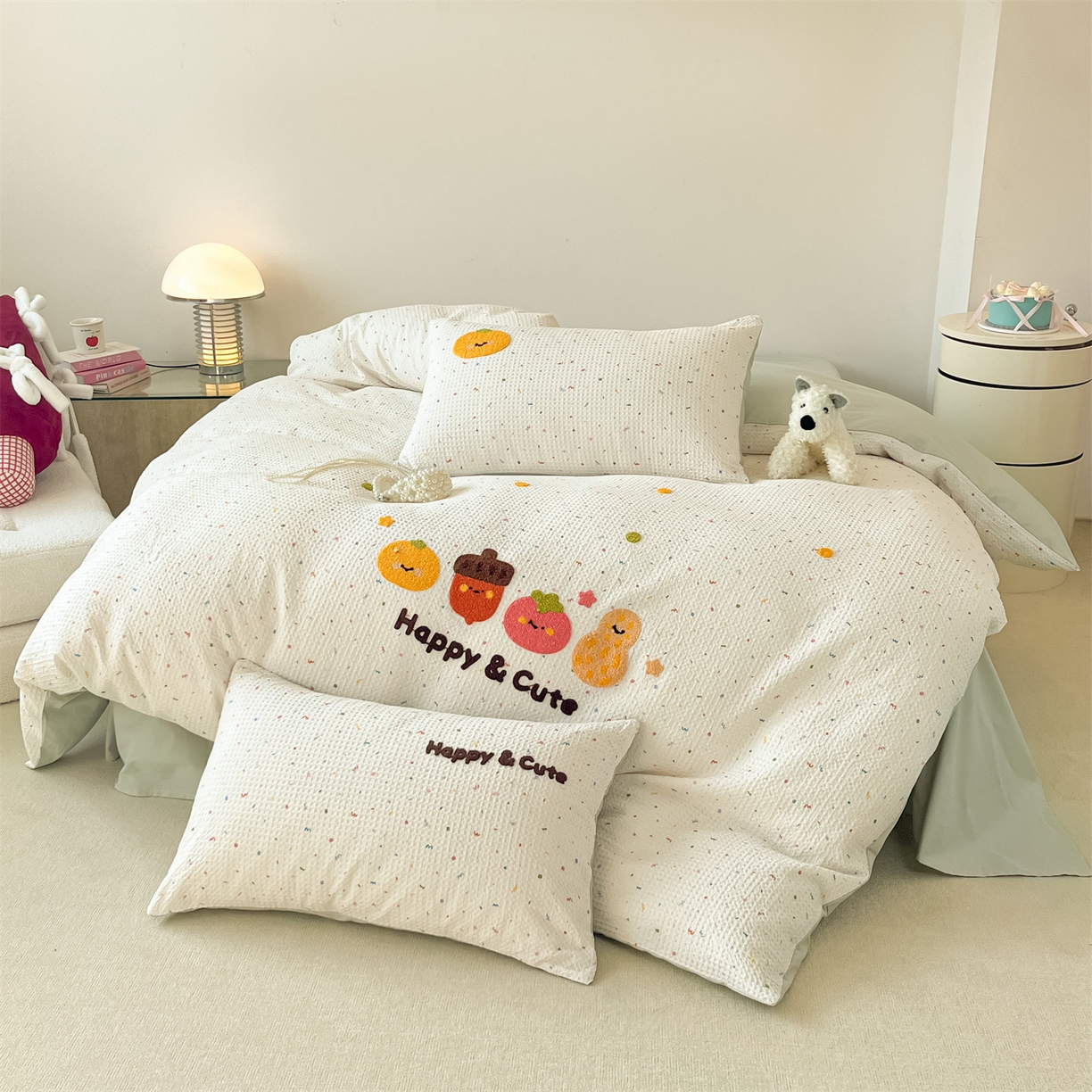 91家纺网 家纺一手货源 找家纺 笙意家纺 2026新款全棉A版华夫格B版40支毛巾绣四件套 波点柿子