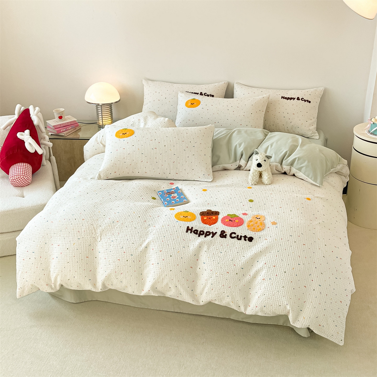 91家纺网 家纺一手货源 找家纺 笙意家纺 2026新款全棉A版华夫格B版40支毛巾绣四件套 波点柿子