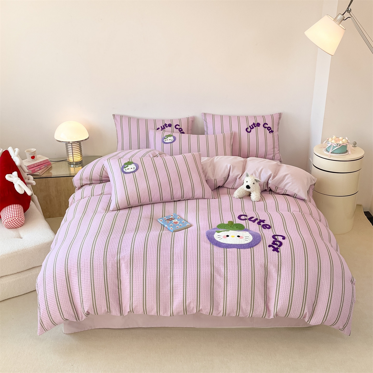 91家纺网 家纺一手货源 找家纺 笙意家纺 2026新款全棉A版华夫格B版40支毛巾绣四件套 山竹小猫