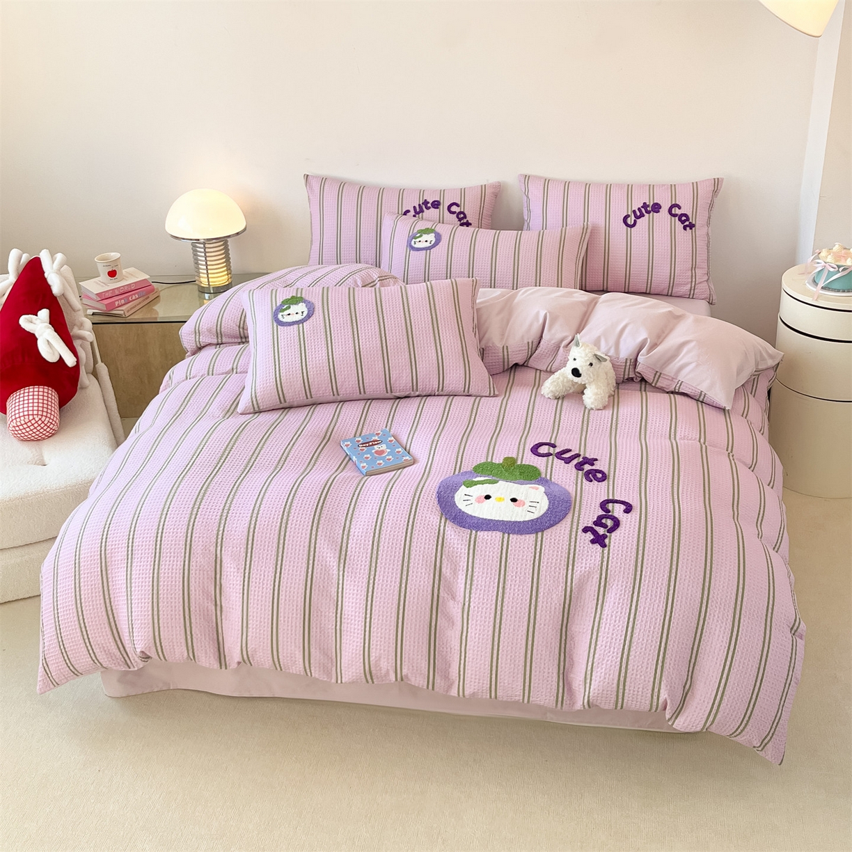 91家纺网 家纺一手货源 找家纺 笙意家纺 2026新款全棉A版华夫格B版40支毛巾绣四件套 山竹小猫