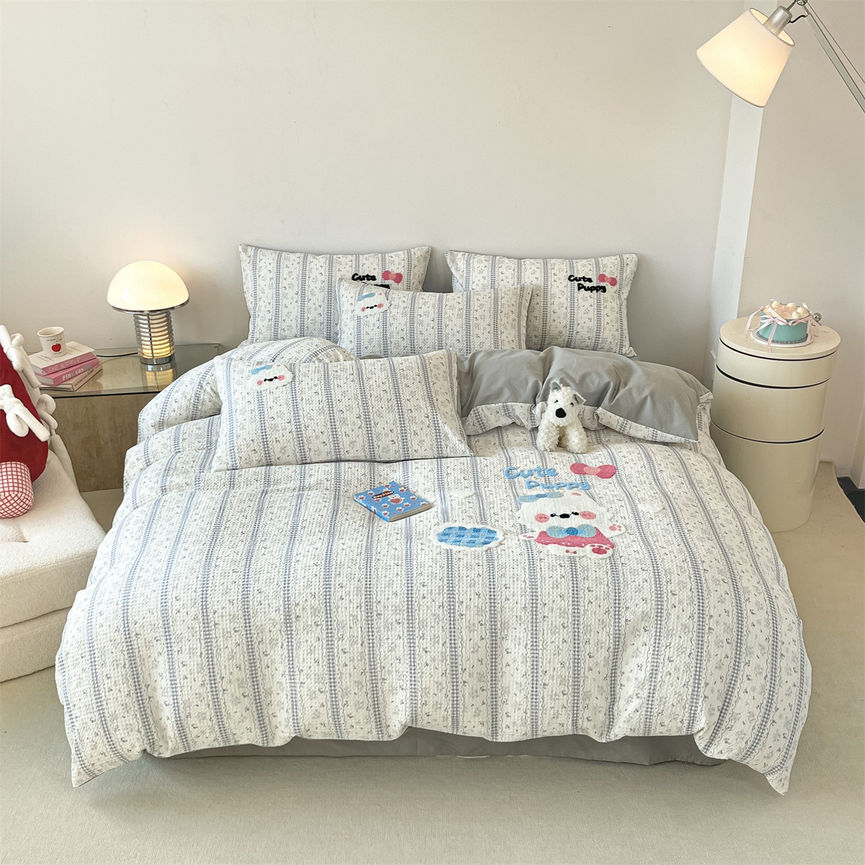 91家纺网 家纺一手货源 找家纺 笙意家纺 2026新款全棉A版华夫格B版40支毛巾绣四件套 小狗宝宝