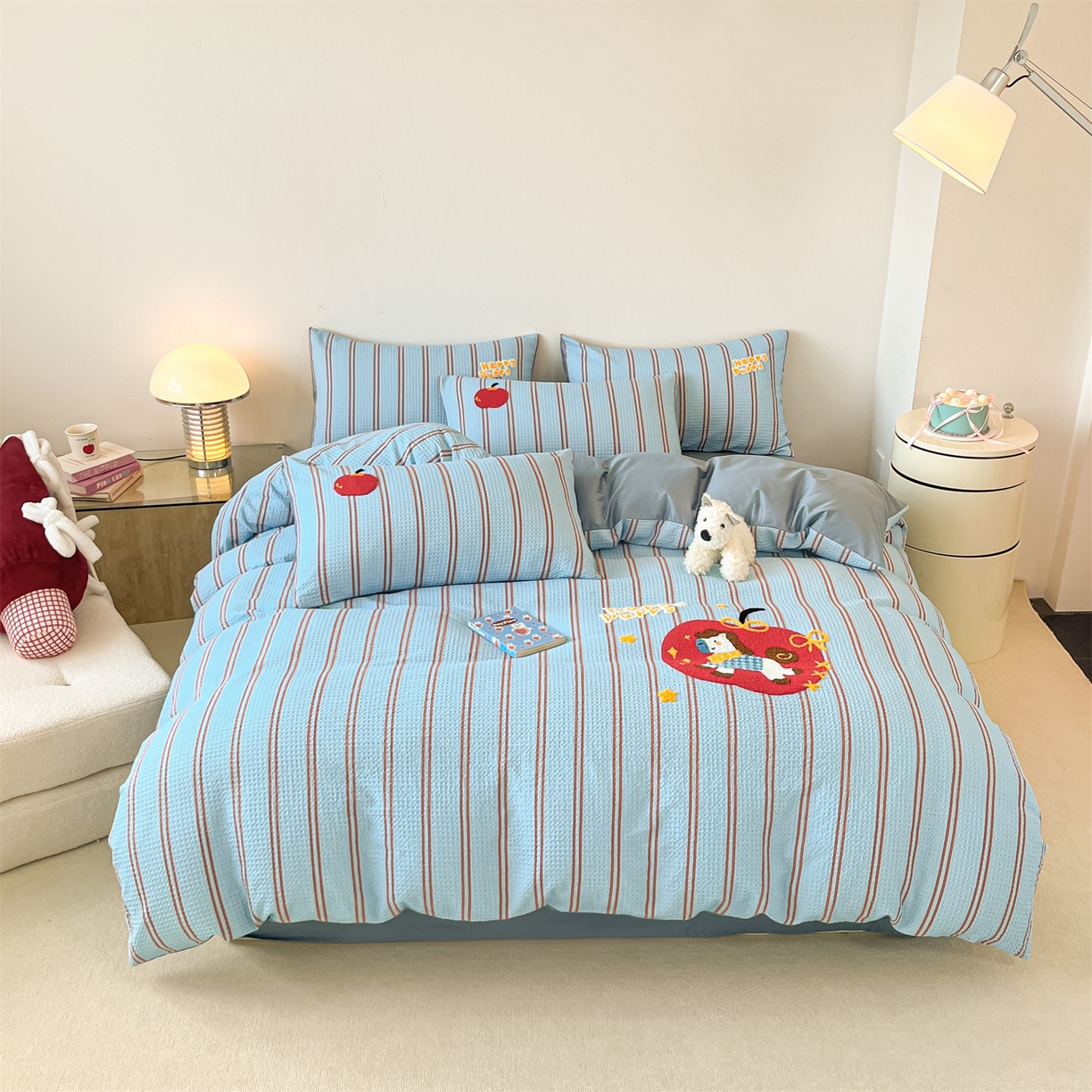 91家纺网 家纺一手货源 找家纺 笙意家纺 2026新款全棉A版华夫格B版40支毛巾绣四件套 条纹木马