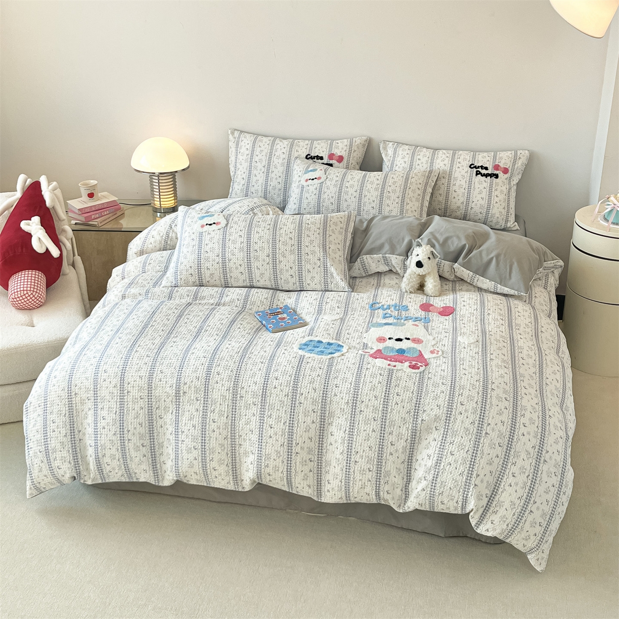 91家纺网 家纺一手货源 找家纺 笙意家纺 2026新款全棉A版华夫格B版40支毛巾绣四件套 小狗宝宝