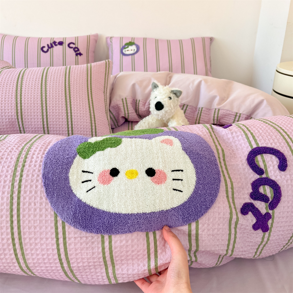 91家纺网 家纺一手货源 找家纺 笙意家纺 2026新款全棉A版华夫格B版40支毛巾绣四件套 山竹小猫