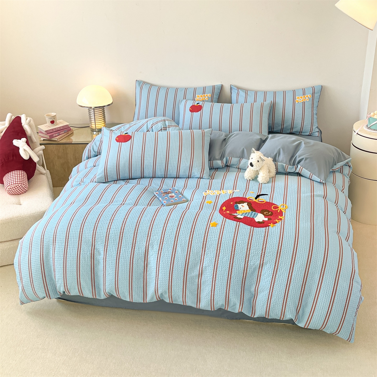 91家纺网 家纺一手货源 找家纺 笙意家纺 2026新款全棉A版华夫格B版40支毛巾绣四件套 条纹木马