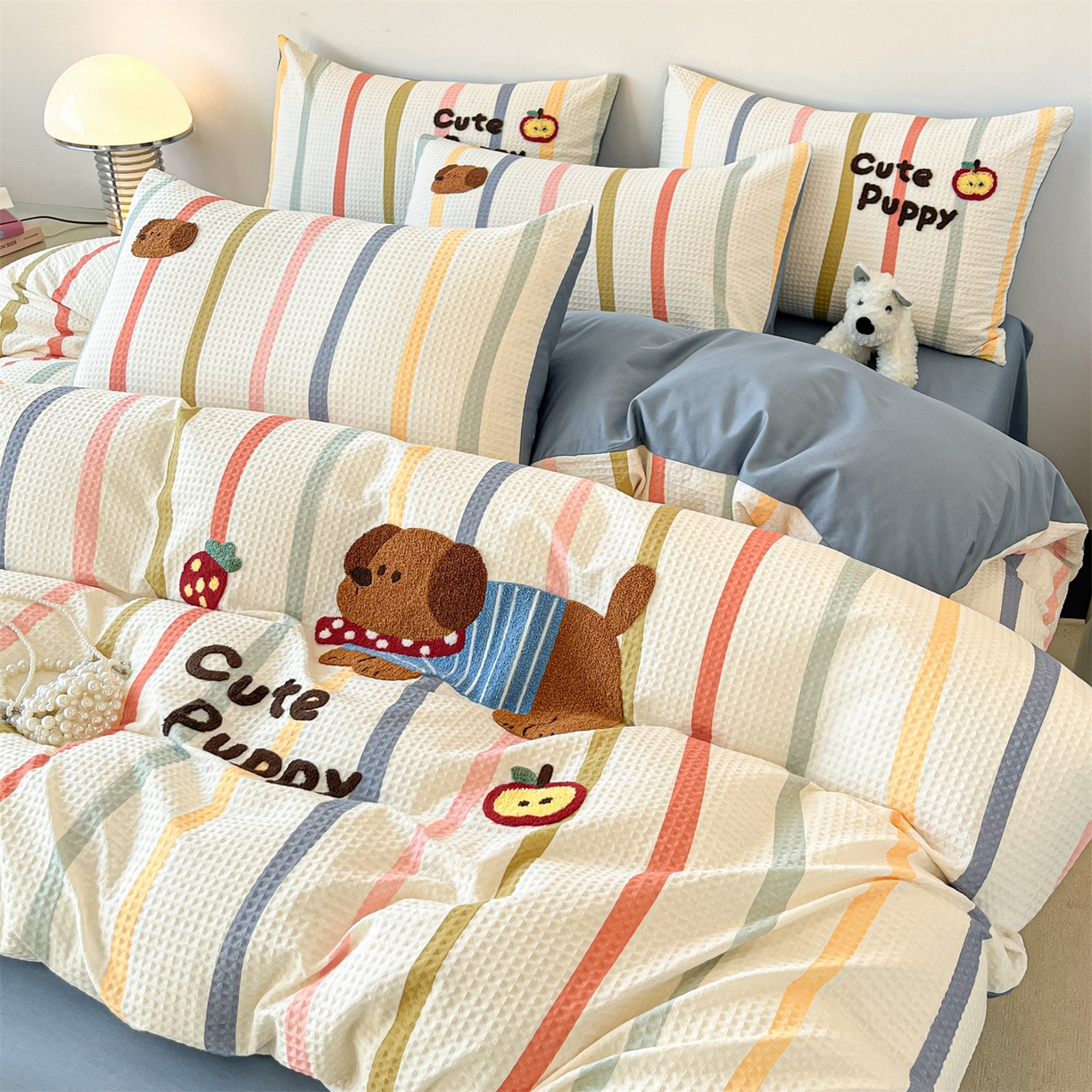 笙意家纺 2026新款全棉A版华夫格B版40支毛巾绣四件套 莓莓狗