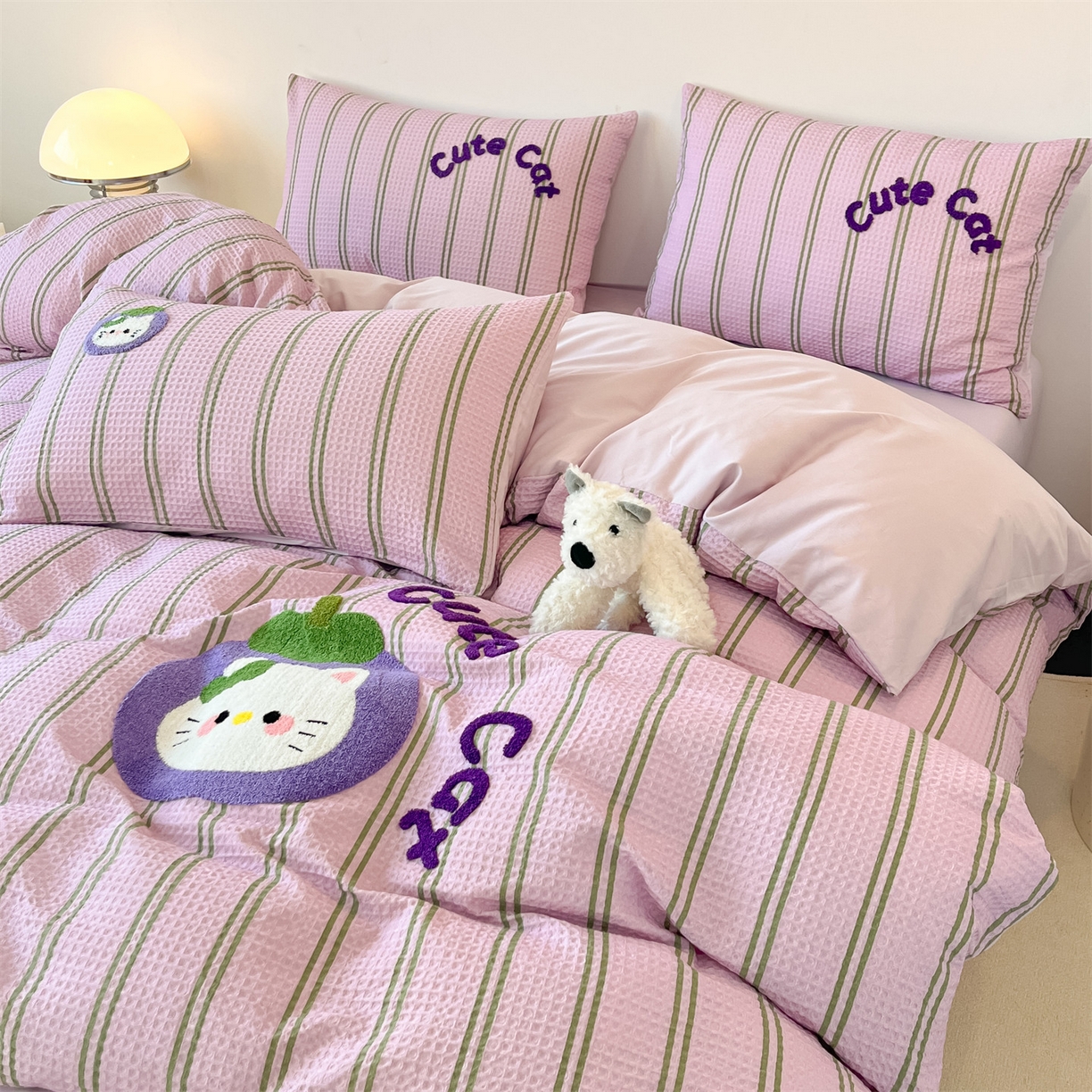 91家纺网 家纺一手货源 找家纺 笙意家纺 2026新款全棉A版华夫格B版40支毛巾绣四件套 山竹小猫