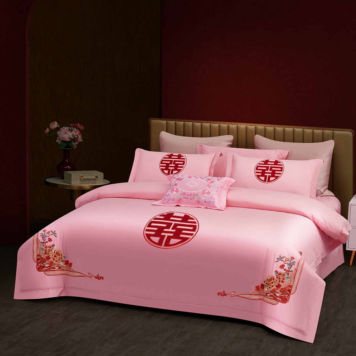 91家纺网 家纺一手货源 找家纺 浩情国际婚庆供货中心 2026新款100%全棉长绒棉纯棉婚庆四件套结婚刺绣六件套多件套长期供货 （提供买家秀） 爱情玫瑰-粉玉
