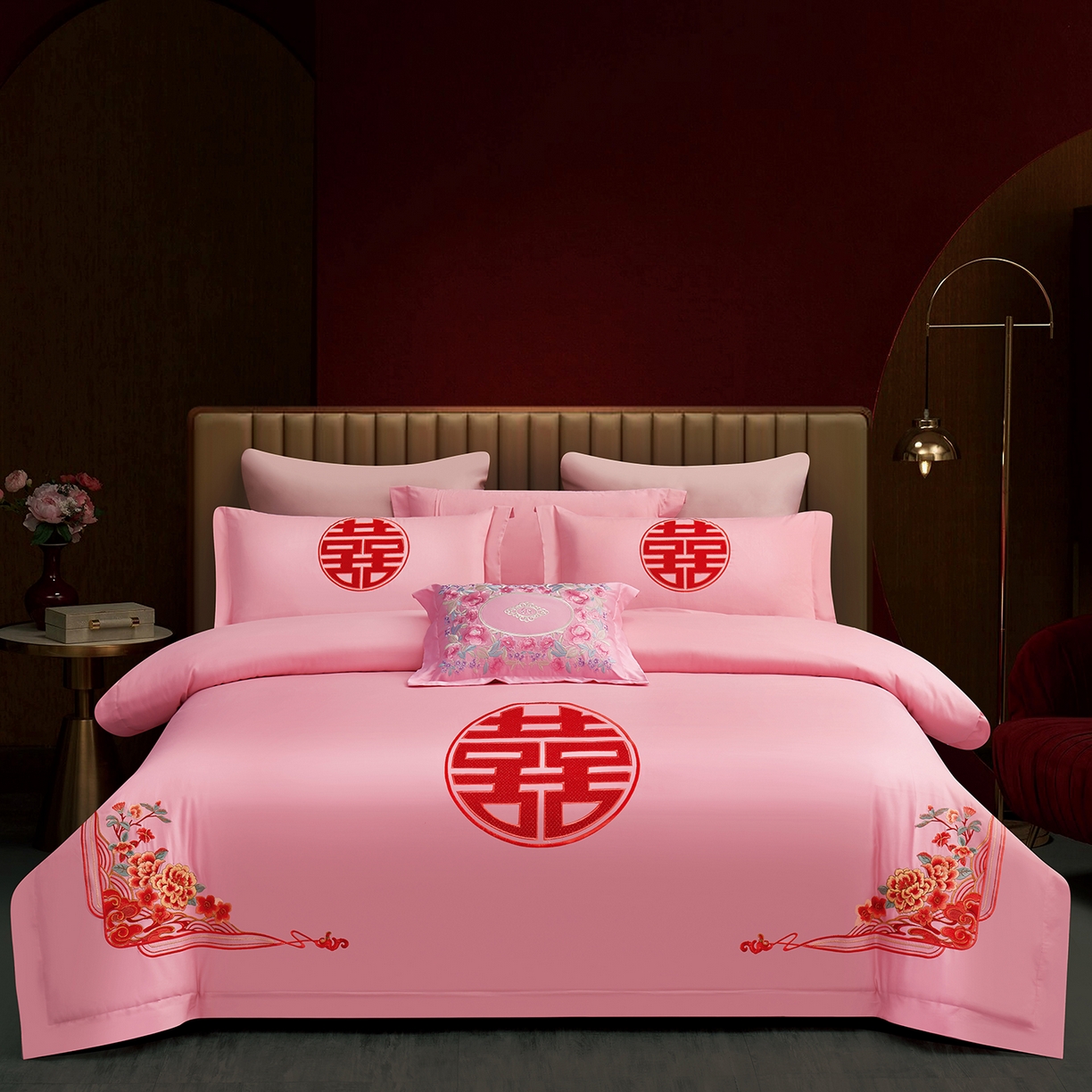浩情国际婚庆供货中心 2026新款100%全棉长绒棉纯棉婚庆四件套结婚刺绣六件套多件套长期供货 （提供买家秀） 爱情玫瑰-粉玉