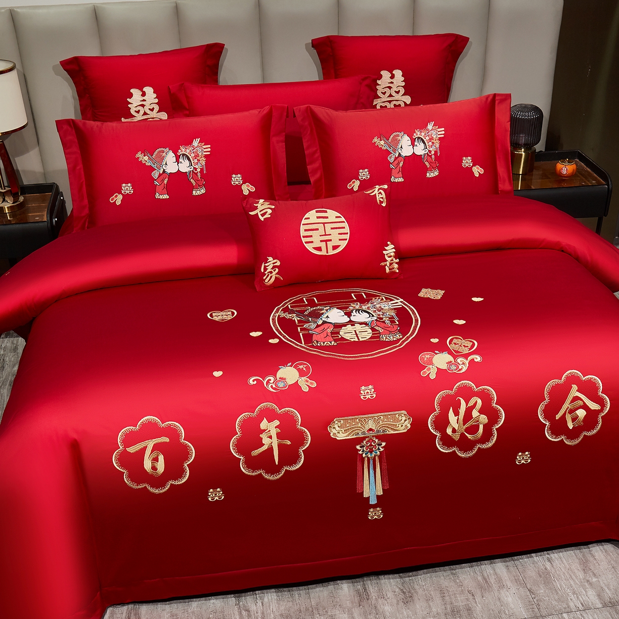 91家纺网 家纺一手货源 找家纺 浩情国际婚庆供货中心 2026新款100%全棉长绒棉纯棉婚庆四件套结婚刺绣六件套多件套长期供货 （提供买家秀） 天生一对