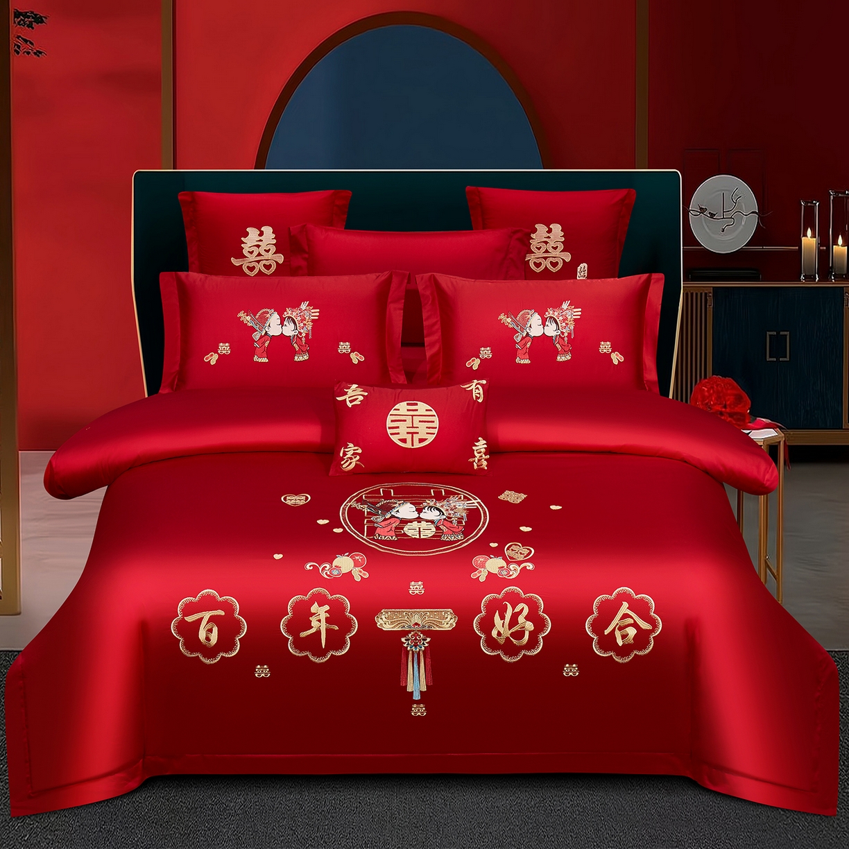 浩情国际婚庆供货中心 2026新款100%全棉长绒棉纯棉婚庆四件套结婚刺绣六件套多件套长期供货 （提供买家秀） 天生一对