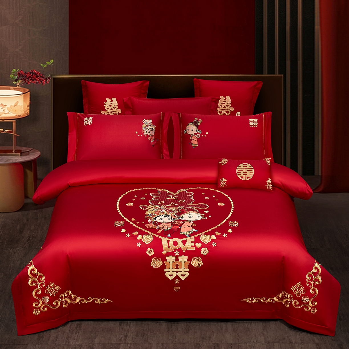 浩情国际婚庆供货中心 2026新款100%全棉长绒棉纯棉婚庆四件套结婚刺绣六件套多件套长期供货 （提供买家秀） 永结同心